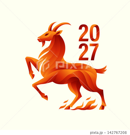Fiery Orange Zodiac Goat with Flames and Bold 2027 Gradient Text Illustration Fiery Orange Zodiac Goat with Flames and Bold 2027 Gradient Text Illustration 142767208