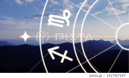 Astrology zodiac signs are displayed over a mountain landscape during the day Astrology zodiac signs are displayed over a mountain landscape during the day 142767347