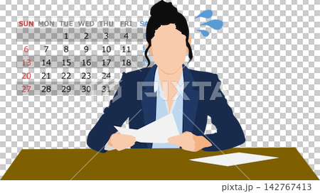 An illustration of a businesswoman struggling with deadlines. 142767413