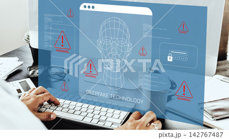 User interacts with deepfake technology on computer screen featuring warning signs and security information User interacts with deepfake technology on computer screen featuring warning signs and security information 142767487