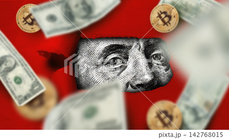 Close-up of dollar currency with bitcoin symbols surrounding it in an abstract background Close-up of dollar currency with bitcoin symbols surrounding it in an abstract background 142768015