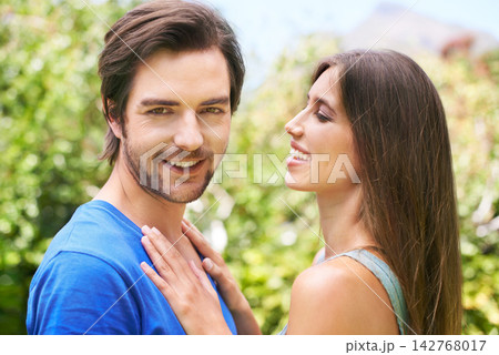 Couple, portrait and happy with love in garden for summer, romance and respect with affection or care for relationship. Man, woman and together in backyard for bonding or connection, trust and nature Couple, portrait and happy with love in garden for summer, romance and respect with affection or care for relationship. Man, woman and together in backyard for bonding or connection, trust and nature 142768017