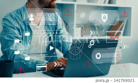 Deep fake technology in action at a modern workspace with digital alerts and data visuals 142768021