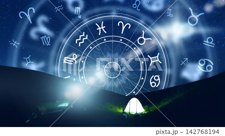 Night sky with zodiac signs and a camping scene in a natural setting Night sky with zodiac signs and a camping scene in a natural setting 142768194
