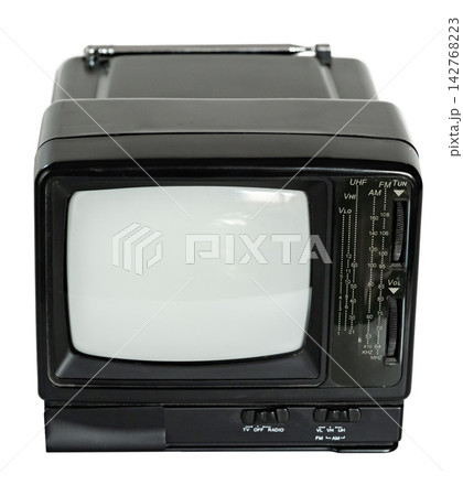 Old black television set on a white background showing white screen with no signal and knobs for tuning Old black television set on a white background showing white screen with no signal and knobs for tuning 142768223