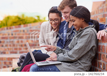 College, students and pointing at laptop for learning, education and tuition outdoor. People, study and university youth with tech for internet, connectivity and email for schedule with diversity College, students and pointing at laptop for learning, education and tuition outdoor. People, study and university youth with tech for internet, connectivity and email for schedule with diversity 142768234