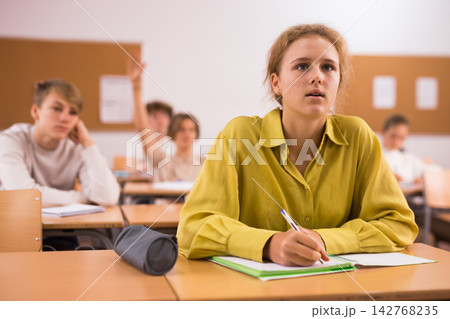 Portrait of schoolgirl at lesson in school Portrait of schoolgirl at lesson in school 142768235