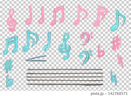 A set of colorful, hand-drawn musical notes and symbols created with watercolor pencils. A set of colorful, hand-drawn musical notes and symbols created with watercolor pencils. 142768571
