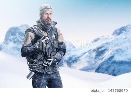 Mountain, rope and man in snow for hiking, extreme sport and trekking on winter travel adventure in nature. Challenge, ice and hiker on cliff with backpack, blue sky and gear for outdoor climbing. 142768979