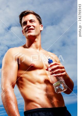 Body, man and shirtless with water low angle in outdoor with energy from cardio training, exercise and running. Smile, athlete and person thinking for sports workout, performance and runner goal Body, man and shirtless with water low angle in outdoor with energy from cardio training, exercise and running. Smile, athlete and person thinking for sports workout, performance and runner goal 142769343