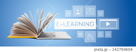 E learning concept with open book and laptop showing various digital learning tools 142769604