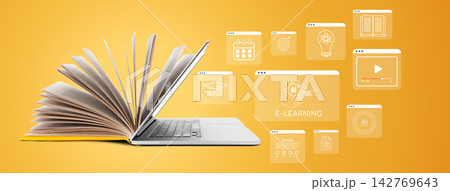 E learning concept with open book and laptop showing various educational tools and resources E learning concept with open book and laptop showing various educational tools and resources 142769643