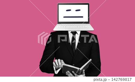 Fake news and information represented by a person with a laptop head reading a book about truth in a simple graphic design Fake news and information represented by a person with a laptop head reading a book about truth in a simple graphic design 142769817