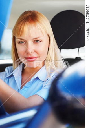 Portrait, woman and driving car for journey with road trip, solo holiday or ready for licence test. Face, auto transport and female person by window with weekend drive and vacation travel adventure Portrait, woman and driving car for journey with road trip, solo holiday or ready for licence test. Face, auto transport and female person by window with weekend drive and vacation travel adventure 142769913