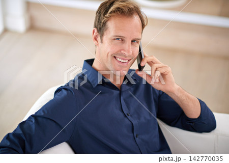Portrait, happy businessman and phone call to relax in home for talking, speaking and communication. Smile, news or above of entrepreneur on mobile chat in conversation in house for remote work break Portrait, happy businessman and phone call to relax in home for talking, speaking and communication. Smile, news or above of entrepreneur on mobile chat in conversation in house for remote work break 142770035