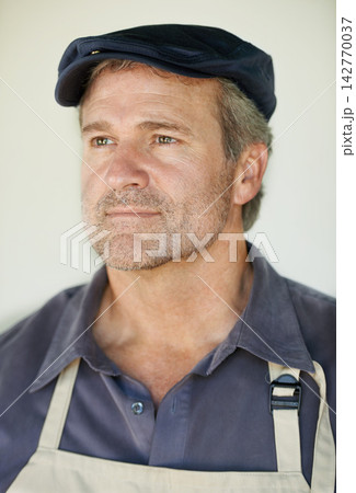 Man, farmer or closeup with smile and thinking for career, natural or mindful for export. Male entrepreneur, wall background or confidence in idea for agriculture, sustainable business in France 142770037
