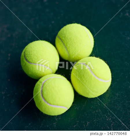 Tennis ball, sports and outdoor on ground in closeup for training, games and professional competition. Equipment, court and fitness with zoom on floor, exercise and international contest in London 142770048