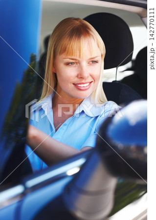 Thinking, happy woman and driving car for road trip with journey, holiday ideas or parking test for licence. Female driver, auto transport and thoughts for travel adventure and vacation inspiration Thinking, happy woman and driving car for road trip with journey, holiday ideas or parking test for licence. Female driver, auto transport and thoughts for travel adventure and vacation inspiration 142770111