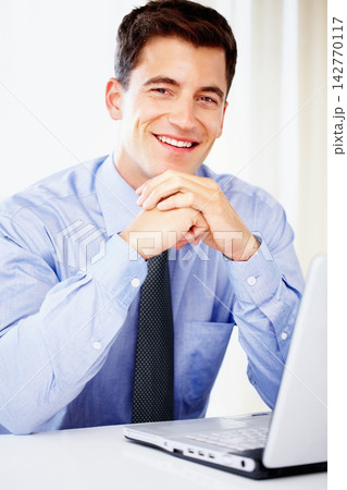 Businessman, portrait and laptop as financial accountant for investment report, review or loan. Male person, face and smile for economy growth or corporate professional for research, desk or project 142770117
