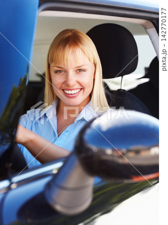Portrait, happy woman and driving car for road trip with journey, solo holiday or licence test for parking. Female driver, auto transport and smile by window for weekend travel adventure and vacation Portrait, happy woman and driving car for road trip with journey, solo holiday or licence test for parking. Female driver, auto transport and smile by window for weekend travel adventure and vacation 142770177