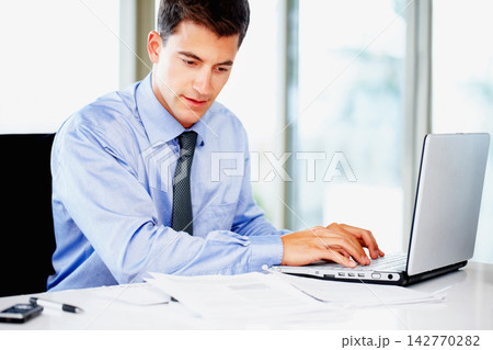 Businessman, accountant and laptop or notes for financial paperwork or investment report, review or office desk. Male person, document and growth proposal with corporate, research or stock market Businessman, accountant and laptop or notes for financial paperwork or investment report, review or office desk. Male person, document and growth proposal with corporate, research or stock market 142770282