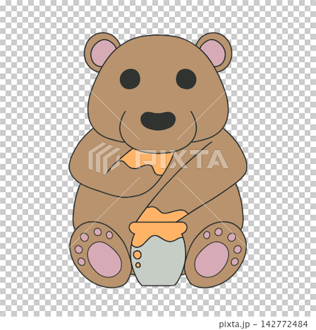 An illustration of a cute bear happily licking honey from a jar. An illustration of a cute bear happily licking honey from a jar. 142772484