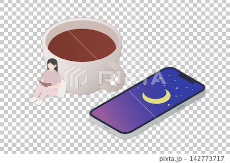 一幅等距插圖,描繪了一位放鬆的女性倚靠在一個大咖啡杯上,手持一部顯示夜空的智慧型手機。 一幅等距插圖,描繪了一位放鬆的女性倚靠在一個大咖啡杯上,手持一部顯示夜空的智慧型手機。 142773717