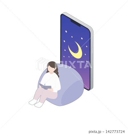 夜空を表示したスマホとくつろぐ女性のアイソメトリックイラスト 夜空を表示したスマホとくつろぐ女性のアイソメトリックイラスト 142773724