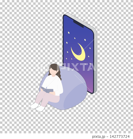夜空を表示したスマホとくつろぐ女性のアイソメトリックイラスト 夜空を表示したスマホとくつろぐ女性のアイソメトリックイラスト 142773724