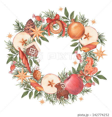 Rich Christmas wreath with vintage ornaments, sweets, apples, sushki, and spruce branches. Hand-drawn watercolor illustration isolated on a white background. Ideal for Christmas cards, posters, decor 142774252