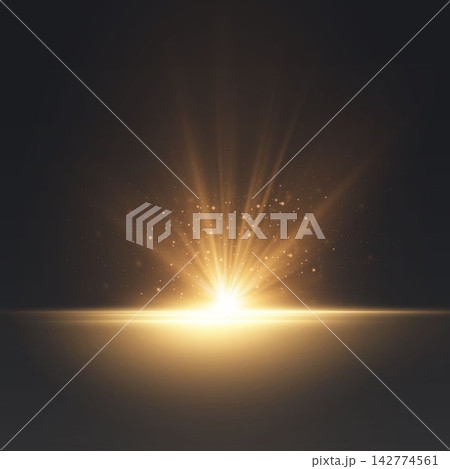Golden light creating a sunburst effect with sparkling particles on a dark background Golden light creating a sunburst effect with sparkling particles on a dark background 142774561