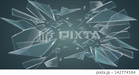 Transparent glass fragments shattering and breaking apart creating a dynamic abstract background Transparent glass fragments shattering and breaking apart creating a dynamic abstract background 142774584
