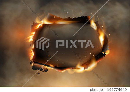Burning paper creating a dark hole with a frame of fire and smoke 142774640