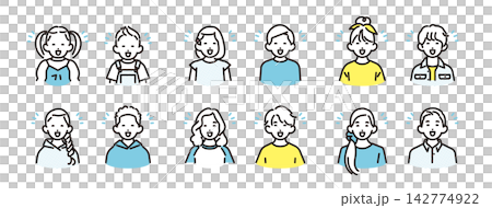 シンプル　イラスト　笑顔のさまざまな年齢の男女の子供アイコンセット ベクターイラスト 142774922