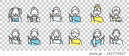 Simple illustration set of icons of smiling boys and girls of various ages pointing. Vector illustration. Simple illustration set of icons of smiling boys and girls of various ages pointing. Vector illustration. 142774927