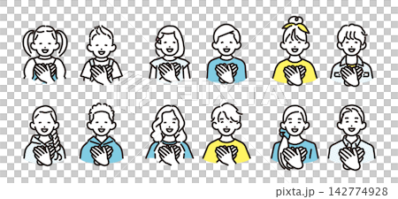 簡單插圖：一組不同年齡的男孩女孩的向量圖標，他們面帶微笑，雙手放在胸前。 142774928
