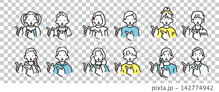 簡單的插圖:一組不同年齡的男孩和女孩的圖標,他們指向前方,解釋建議和要點。 簡單的插圖:一組不同年齡的男孩和女孩的圖標,他們指向前方,解釋建議和要點。 142774942