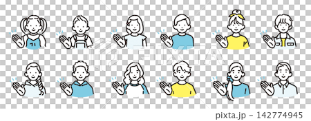 簡單的插圖:一組不同年齡的男孩女孩的圖標,他們面帶微笑,伸出手掌指引方向。 簡單的插圖:一組不同年齡的男孩女孩的圖標,他們面帶微笑,伸出手掌指引方向。 142774945