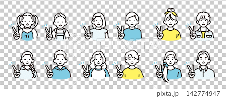 一套簡單的插畫圖標,描繪了不同年齡的男孩女孩做出和平手勢和眨眼的場景。 一套簡單的插畫圖標,描繪了不同年齡的男孩女孩做出和平手勢和眨眼的場景。 142774947