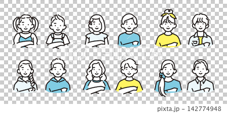 一組簡單的插畫圖標，描繪了不同年齡的男孩女孩，他們雙臂交叉，展現出自信的神態。 142774948