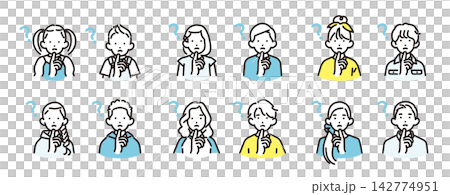 簡單的插圖：一組不同年齡的男孩和女孩的圖標，他們用手指放在嘴上，露出疑惑的表情。 142774951