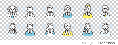 簡單插圖:一組不同年齡的男孩和女孩的向量圖標,他們都因恐懼而緊握雙臂。 簡單插圖:一組不同年齡的男孩和女孩的向量圖標,他們都因恐懼而緊握雙臂。 142774959
