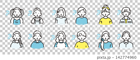 Simple illustration: A set of vector icons of boys and girls of various ages looking confused and sweating. Simple illustration: A set of vector icons of boys and girls of various ages looking confused and sweating. 142774960