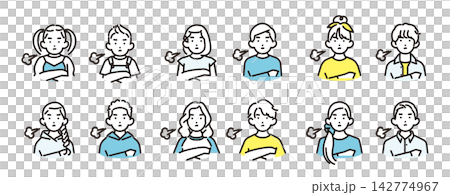 簡單的插圖:一組不同年齡的男孩和女孩的圖標,他們雙臂交叉,無奈地嘆著氣。 簡單的插圖:一組不同年齡的男孩和女孩的圖標,他們雙臂交叉,無奈地嘆著氣。 142774967