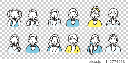 簡單的插圖:一組不同年齡的男孩女孩用手指放在嘴邊思考的圖示。 簡單的插圖:一組不同年齡的男孩女孩用手指放在嘴邊思考的圖示。 142774968