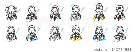 シンプル　イラスト　スマホを見て喜ぶさまざまな年齢の男女の子供アイコンセット ベクターイラスト 142774981