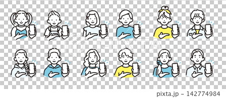 簡單的插圖:一組不同年齡的男孩女孩展示智慧型手機螢幕的圖標,用於指導用戶。 簡單的插圖:一組不同年齡的男孩女孩展示智慧型手機螢幕的圖標,用於指導用戶。 142774984
