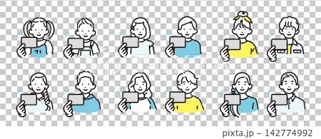 Simple illustration icon set of boys and girls of various ages showing identification cards and other cards. Simple illustration icon set of boys and girls of various ages showing identification cards and other cards. 142774992