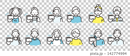 Simple illustrations: Icon set of boys and girls of various ages smiling and showing identification cards or other cards. 142774994