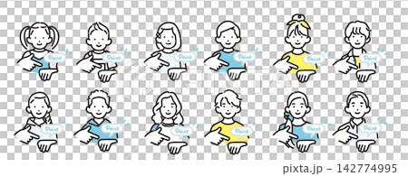 Simple illustration icon set of boys and girls of various ages pointing and explaining points. Simple illustration icon set of boys and girls of various ages pointing and explaining points. 142774995